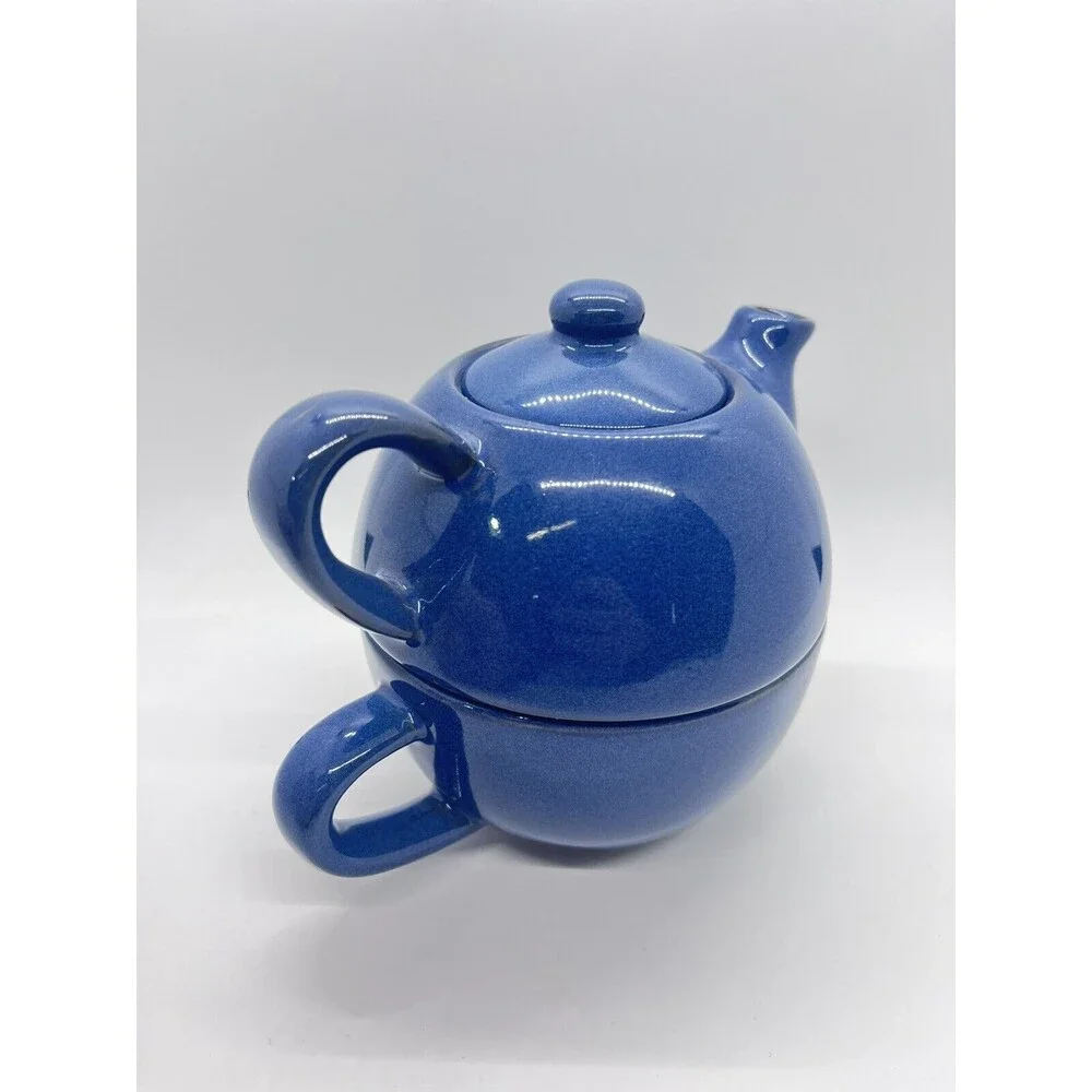 Blue PIER 1 Stoneware Teapot W/Mug Set ~ Stackable 3 Piece Set